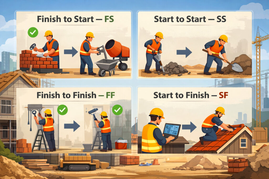 Task dependencies explained simply (FS/SS/FF/SF) with construction examples