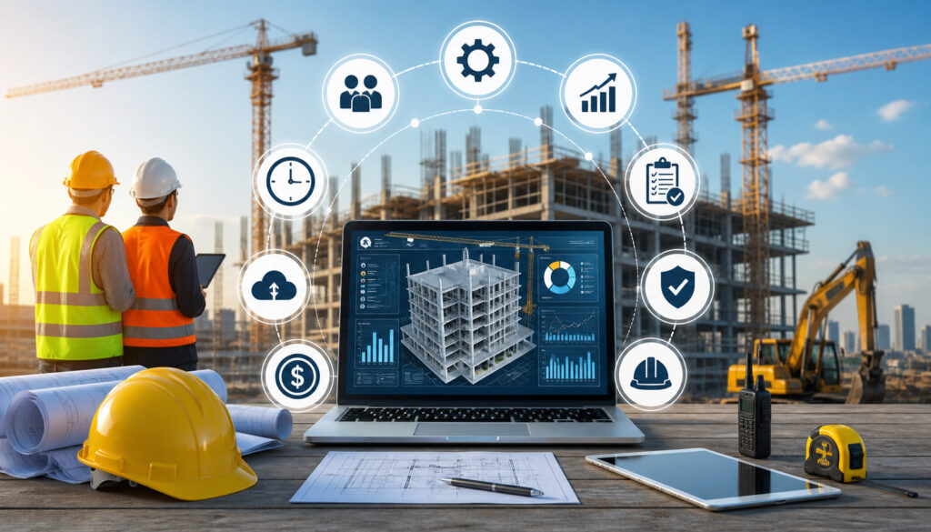 Construction management software displayed on laptop at active building site with cranes, engineers, and digital workflow icons representing project planning, cost tracking, and team collaboration