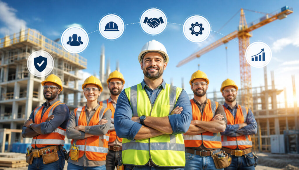 Professional construction crew standing confidently at a building site with cranes and structure in the background, symbolizing teamwork, safety, and project management efficiency