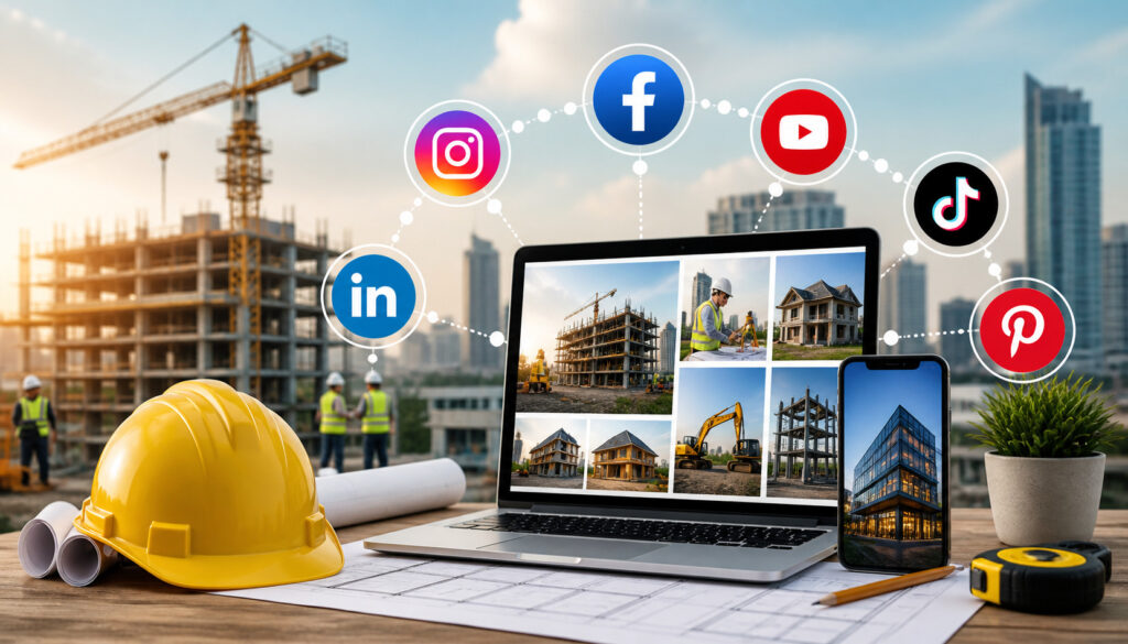Construction business using laptop and smartphone with social media icons at a modern building site, showcasing digital marketing and platform selection for contractors