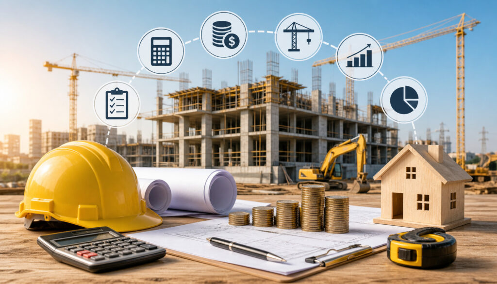 Construction pricing methods concept with building site, crane, blueprints, calculator, coins, and house model representing cost estimation and budgeting in construction projects