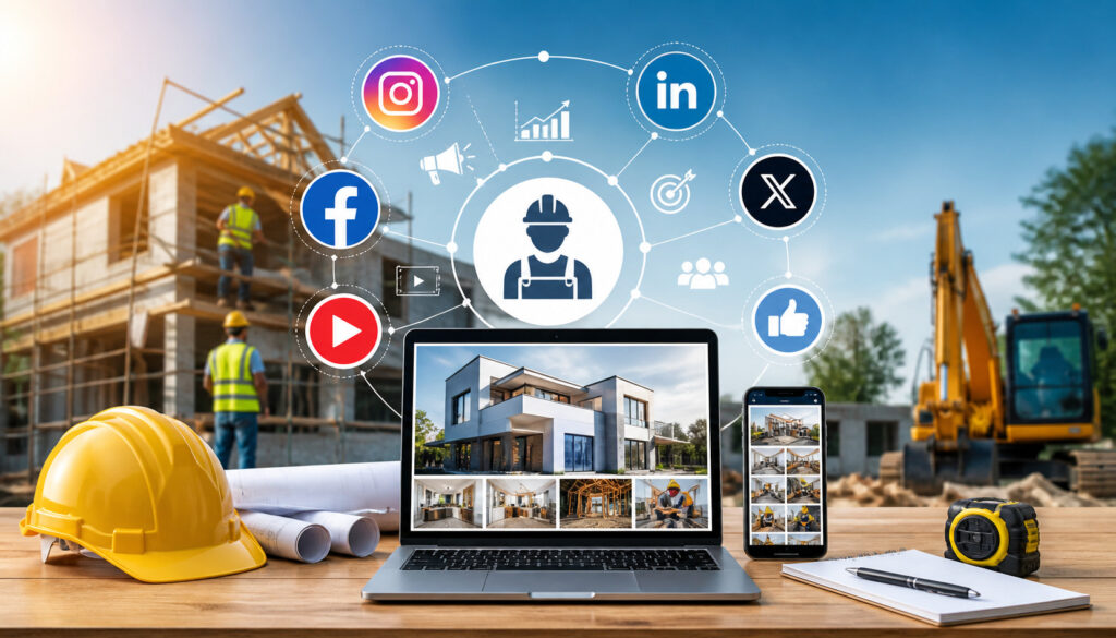 Contractors using digital tools and social media platforms to promote construction projects with laptop, smartphone, and job site in background