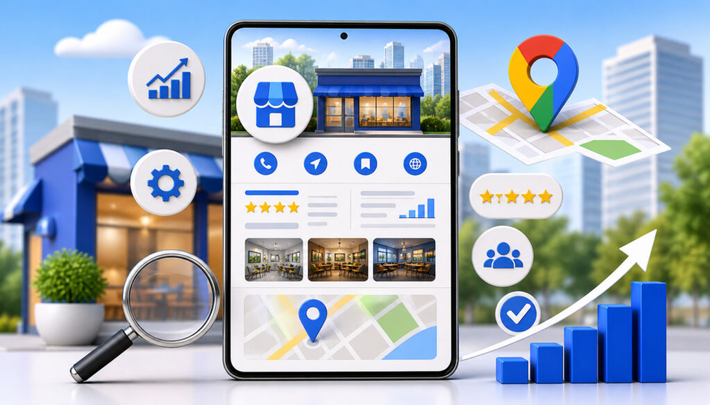 Google Business Profile optimization illustration showing local business listing on smartphone with map pin, reviews, ratings, and SEO growth icons