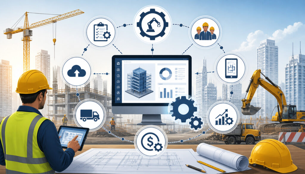 Construction workflow automation concept showing engineer using tablet at a smart construction site with cranes, machinery, and digital process icons for project management, logistics, workforce, and analytics