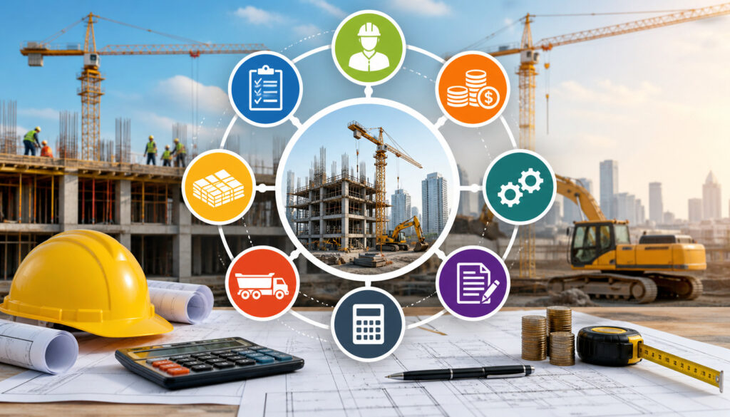 Construction job costing illustration with building site, cranes, workers, financial tools, and icons representing labor, materials, equipment, and budgeting components
