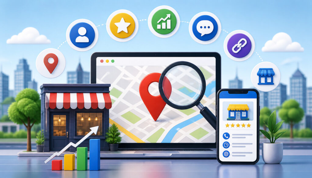 Local SEO ranking factors illustration showing map pin search, business storefront, analytics growth chart, customer reviews, and online listing optimization icons in a digital city environment