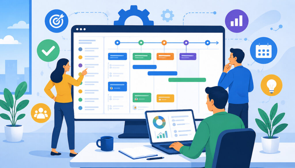 Modern project management system illustration showing a team collaborating on a digital dashboard with task boards, timelines, analytics charts, and workflow icons in a clean office setting