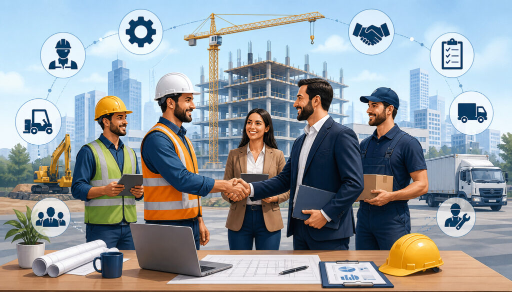 Professional illustration of construction managers and subcontractors shaking hands at a job site, with vendor coordination icons, equipment, and project planning elements in the background