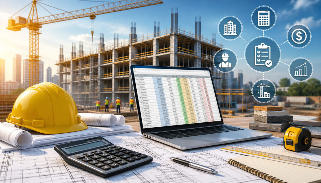 Construction estimating workspace with laptop displaying cost spreadsheet, blueprints, calculator, and tools at an active building site with cranes and workers in the background