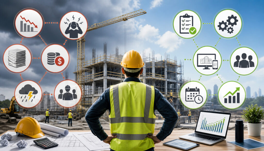 Construction contractor reviewing building site with icons showing project challenges like budget issues, delays, labor shortages, and solutions such as planning, technology, and team collaboration