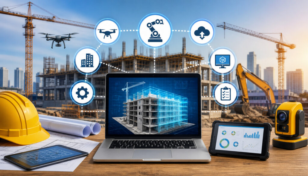 AI-powered construction automation software ecosystem showing digital building models, drones, robotics, cloud integration, and smart construction site technology