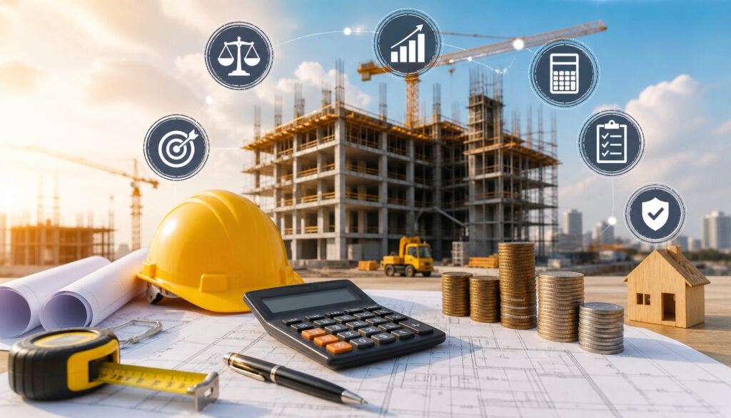 Construction site budgeting concept with hard hat, calculator, blueprints, stacked coins, and building under construction in the background, illustrating accurate job cost estimation and financial planning