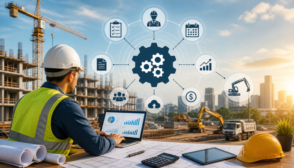 Construction manager using laptop with workflow automation dashboard at a modern construction site with cranes, machinery, and digital process icons in the background