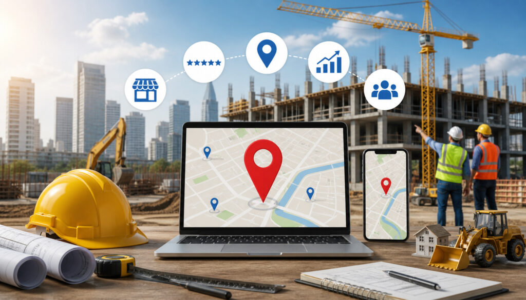 Local SEO strategy for construction business with map location pins on laptop and mobile, construction site background with cranes, workers, and marketing icons representing visibility and growth