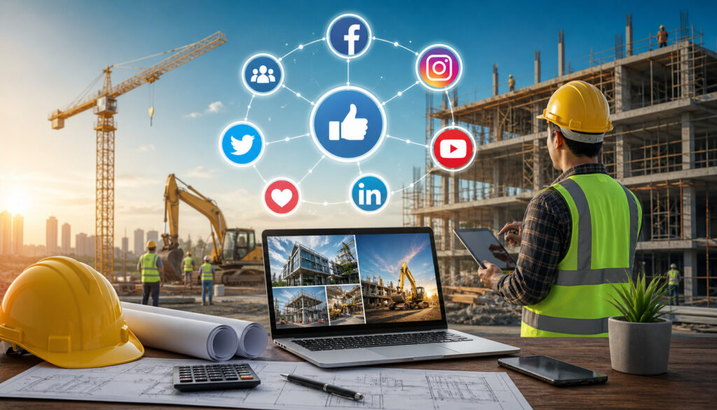 Construction professionals using digital devices at a building site with social media network icons representing online marketing and business growth