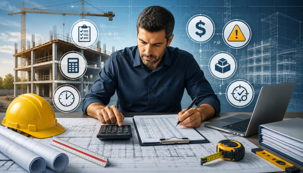 Contractor reviewing estimates and construction plans