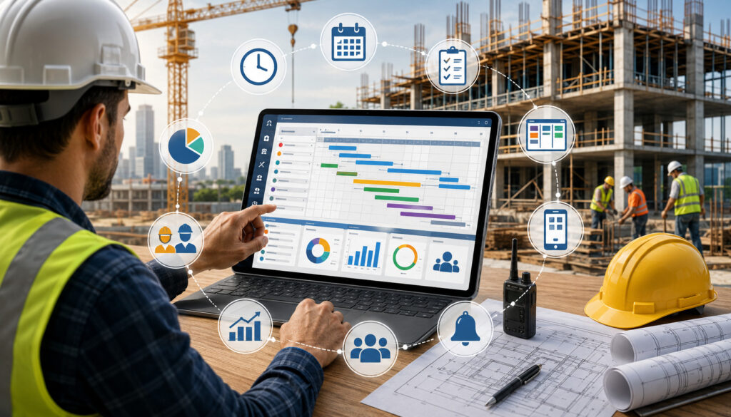 Construction scheduling software dashboard at a jobsite