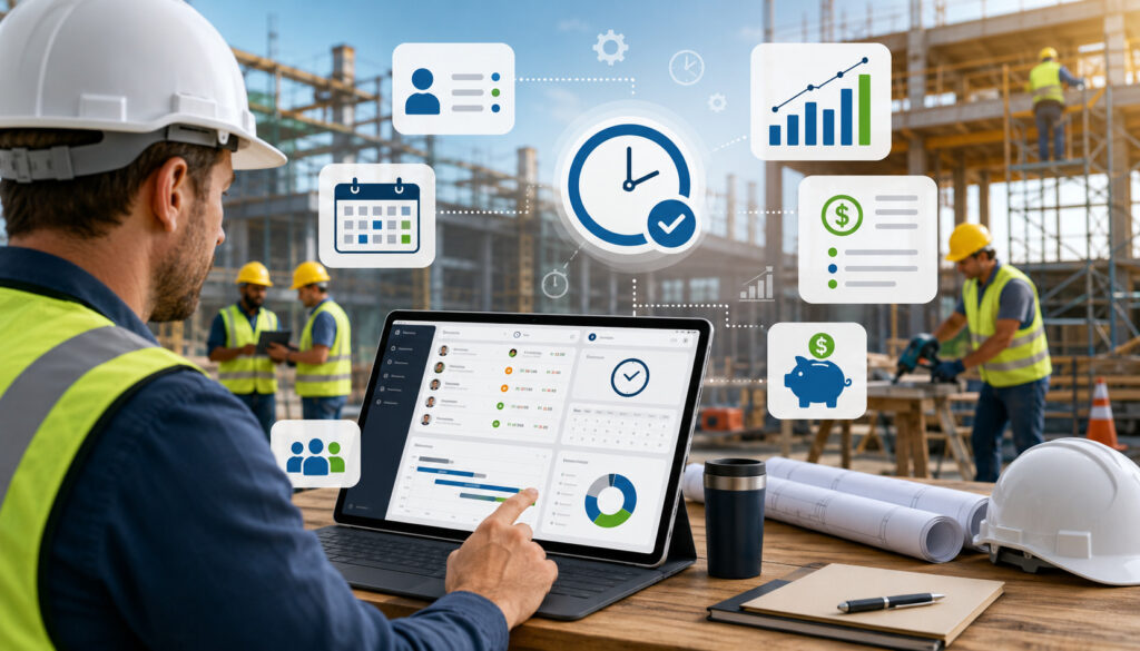 Time tracking software monitoring labor costs at a construction site