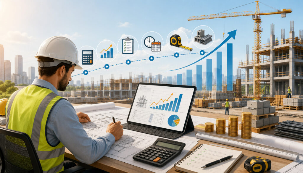 Construction cost estimator reviewing plans and budget data