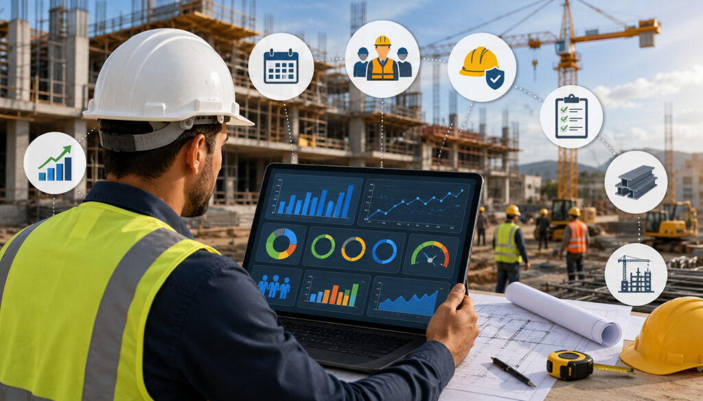 Construction manager reviewing a KPI dashboard at a job site