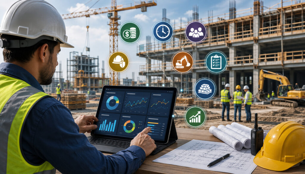 Contractor tracking construction KPIs on a digital dashboard