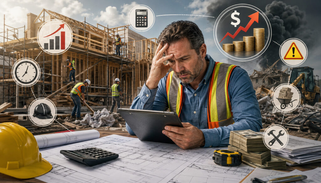 Stressed contractor reviewing costly estimating errors