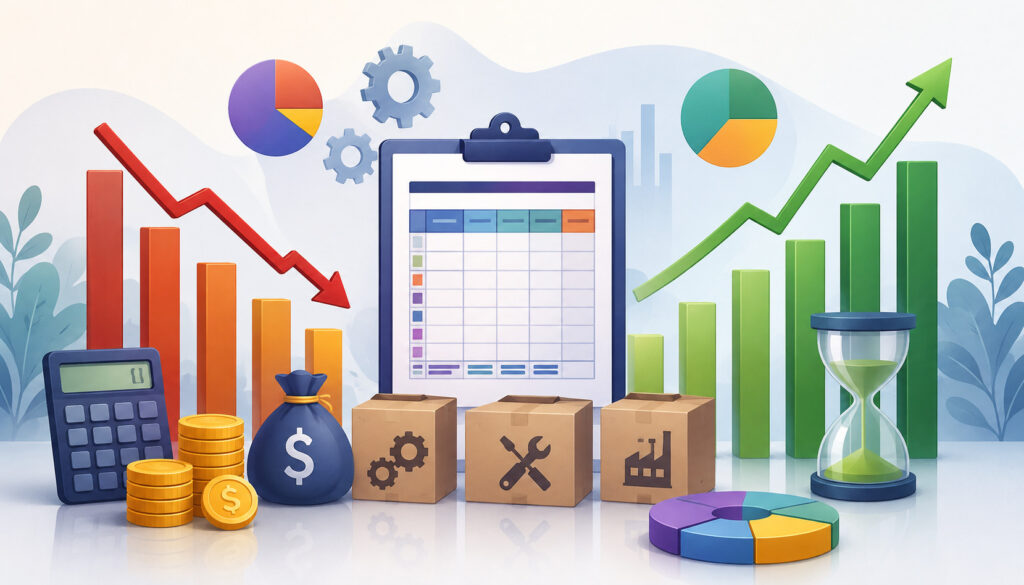 Profit fade, profit gain, and WIP schedule illustration with financial charts and accounting icons