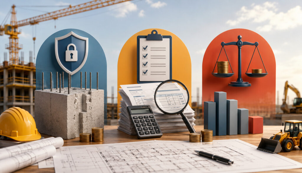 Construction retainage, overbilling, and underbilling concept with invoices, coins, charts, and construction site