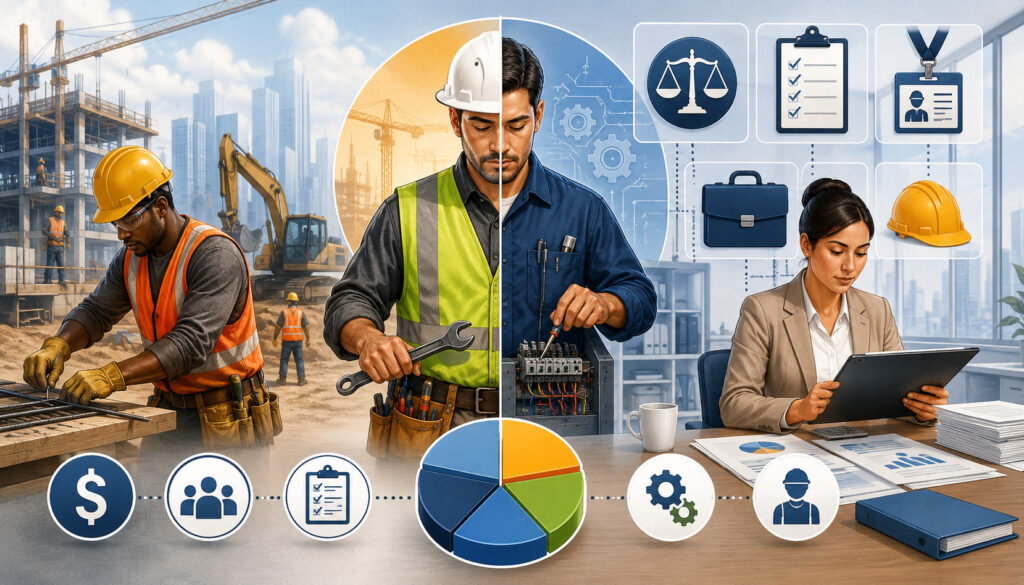 Construction worker, technician, and payroll professional illustrating wage determinations and worker classifications