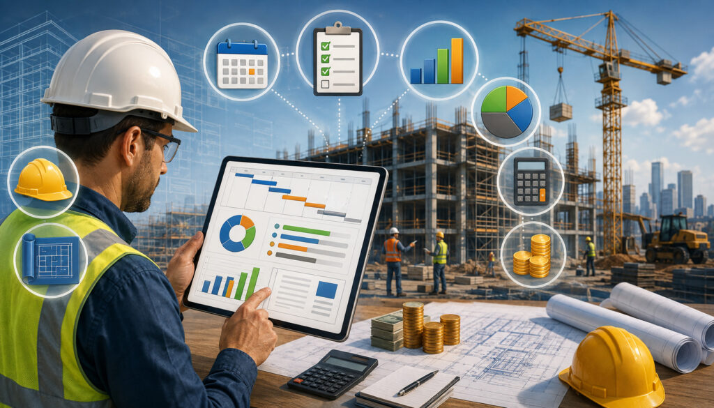 Construction manager reviewing a WIP schedule and project costs at an active construction site