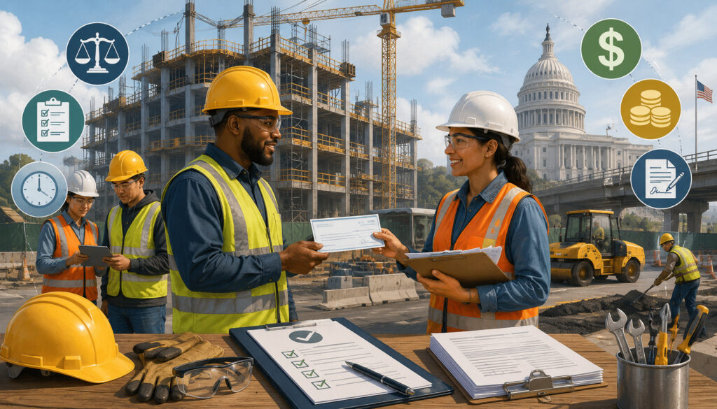 Construction workers reviewing wage compliance documents at a government-funded construction site