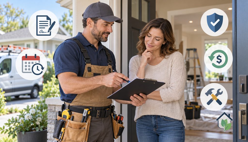 Contractor explaining cooling-off rule paperwork to homeowner