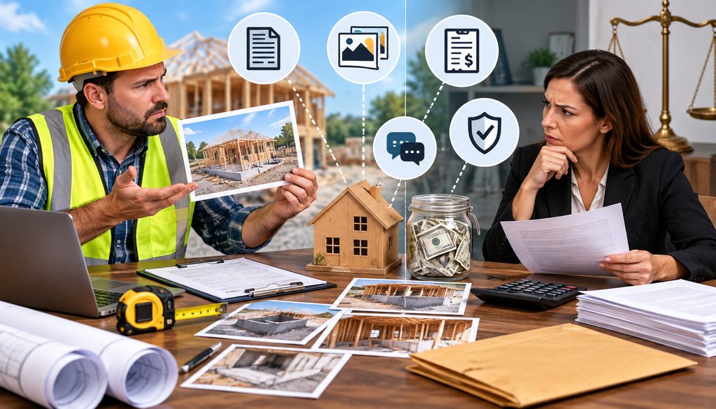 Contractor presenting deposit dispute evidence with documents and project photos